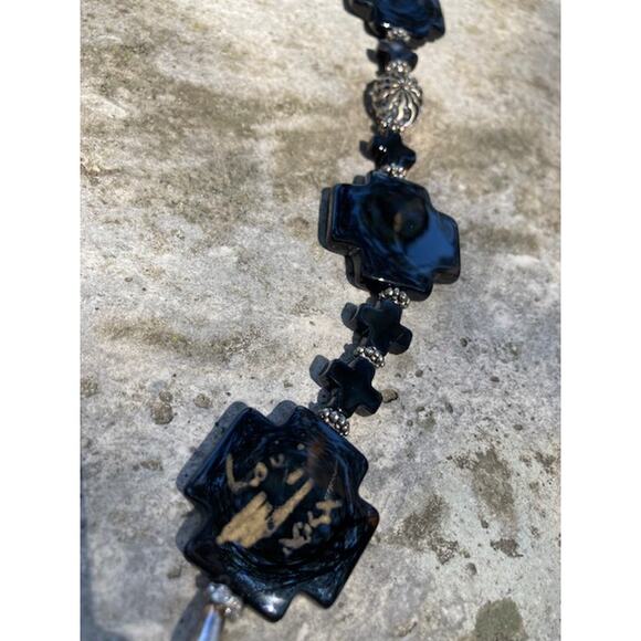 SALE!! Black Onyx Cross Lanyard - Black & Silver Double Strand Chunky Necklace - Picture 3 of 9